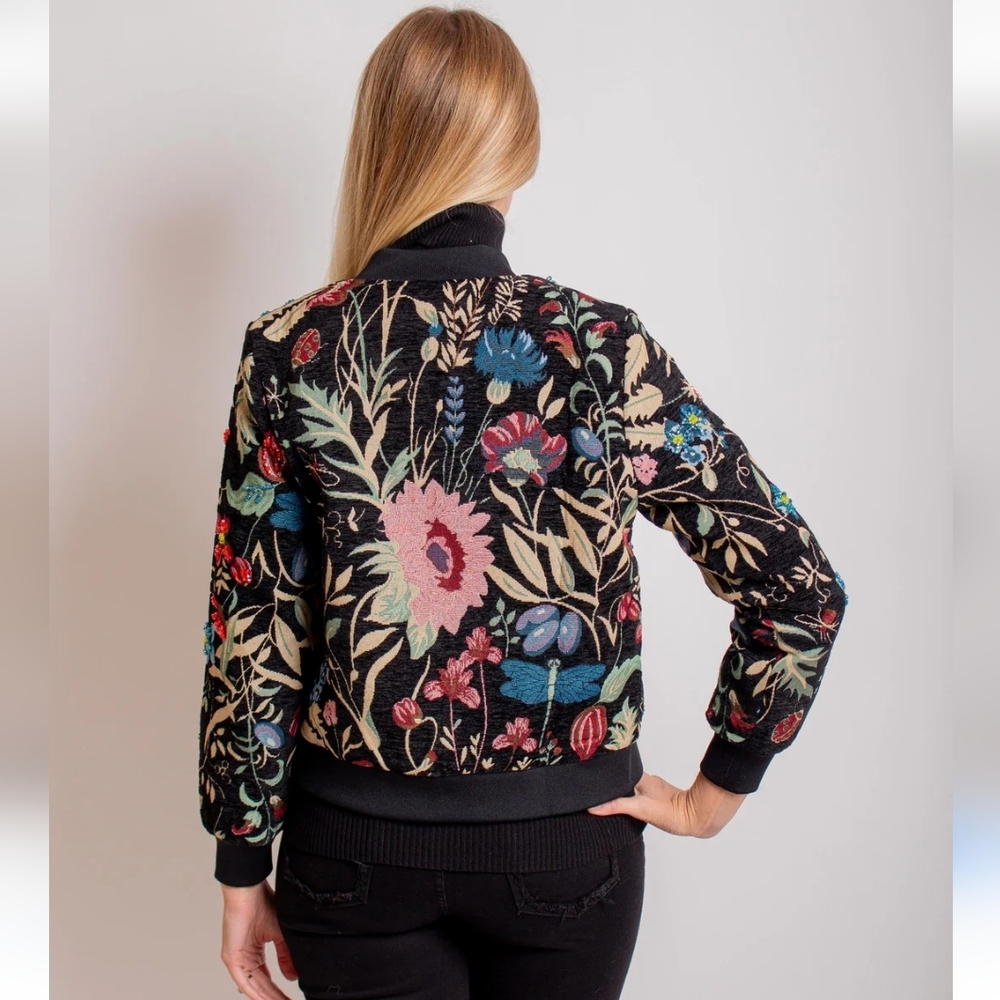 A.Z.I New York Desiree Black Floral Embroidered Beaded Bomber Jacket Sz Medium - Picture 3 of 9